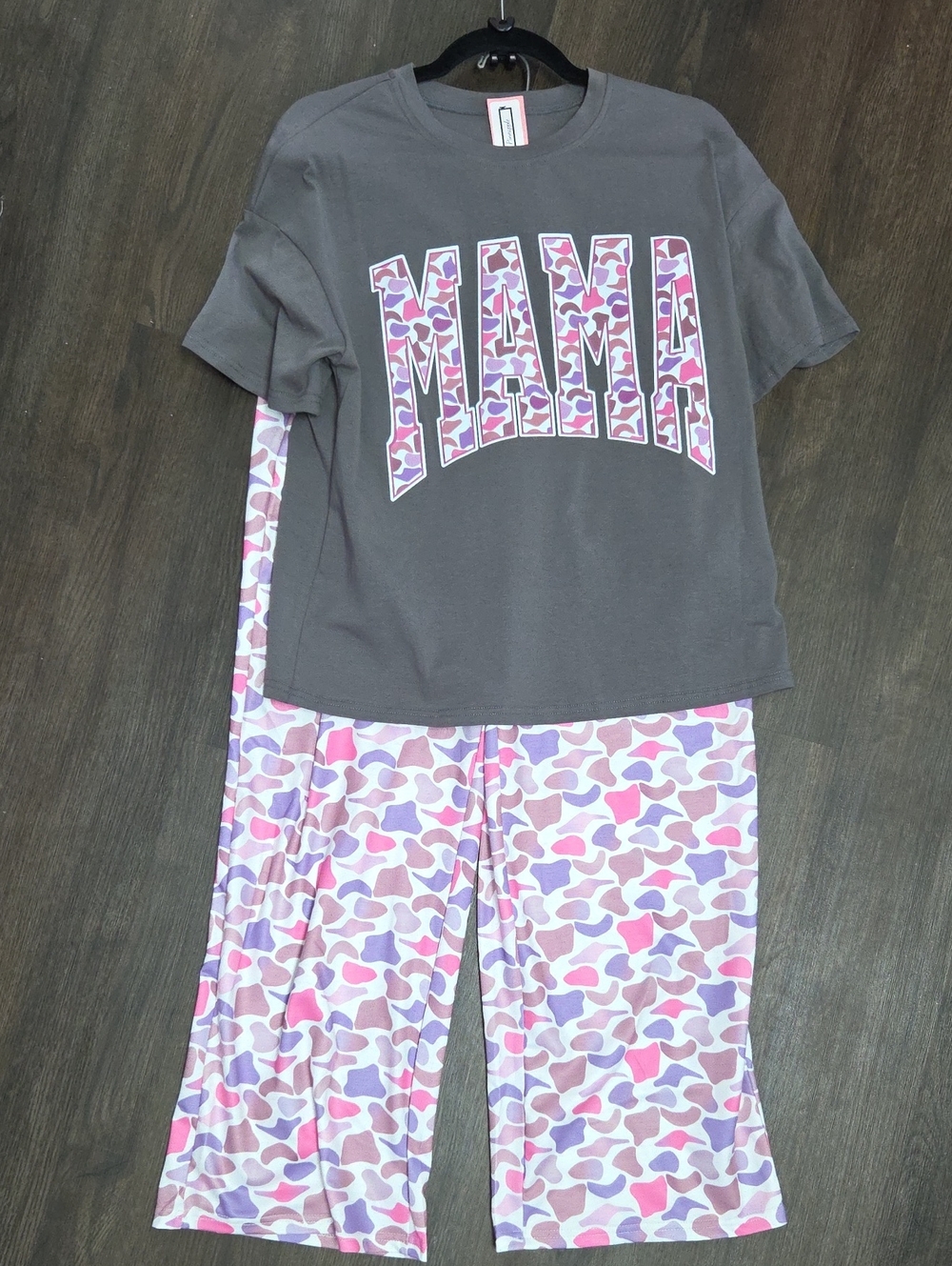 Mama Graphic Pajama Set - Gray Top with Pink & Purple Print